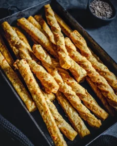 Hrustljavi domači grisini z zelišči in česnom, postreženi v rustikalni košari.