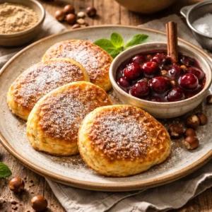 Lešnikove omlete, pečene v ponvi, posute s sladkorjem v prahu in postrežene s toplim višnjevim kompotom s cimetom