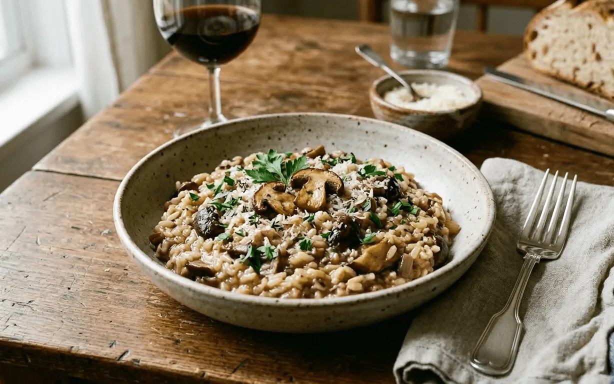 Kremna rižota z gobami in parmezanom na krožniku