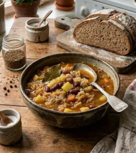 Tradicionalna brezmesna jota s kislim zeljem, fižolom in krompirjem v rustikalni skledi.